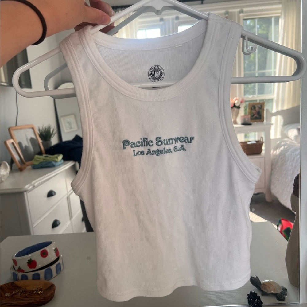 Pacific Sunwear White Tank Top with Teal Embroidery